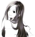  1girl hair_over_shoulder lips long_hair looking_at_viewer looking_over_shoulder monochrome off-shoulder_shirt original poaro signature simple_background smile solo white_background 