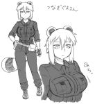  1girl animal_ears araiguma-san belt belt_pouch boots breasts expressionless fingerless_gloves gloves huge_breasts original pants raccoon_ears raccoon_tail shirt short_hair sleeves_rolled_up tail translation_request tsukudani_(coke-buta) uniform 