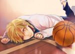  1boy basketball blonde_hair kise_ryouta kuroko_no_basuke glasses_(artist) on_floor school_uniform short_hair yellow_eyes 