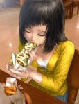  1girl black_hair closed_eyes eating food original s_zenith_lee sitting solo 