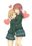  2girls ^_^ ayusa blonde_hair closed_eyes flower green_eyes hair_flower hair_ornament heart height_difference highres hug multiple_girls redhead sakura_trick skirt sonoda_yuu takayama_haruka white_background 