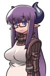  1girl apron bangs blue_eyes breasts character_request demon_girl demon_horns glasses highres horns long_hair matsuda_yuusuke payot pointy_ears purple_hair red-framed_glasses ribbed_sweater semi-rimless_glasses smile solo sweater turtleneck under-rim_glasses very_long_hair 