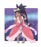  1girl barefoot_sandals brown_eyes crown dark_skin dress frame highres iris_(pokemon) long_hair low-tied_long_hair moyori open_mouth pink_dress pokemon pokemon_(game) pokemon_bw2 purple_hair solo star starry_background very_long_hair wide_sleeves 