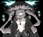 1girl aqua_eyes bodysuit breasts cape gloves kantai_collection large_breasts monster pale_skin personification shinkaisei-kan silver_hair solo staff turret usamimiok wo-class_aircraft_carrier 