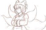  1girl dress fox_tail hands_in_sleeves hat hat_with_ears kuro_suto_sukii long_sleeves monochrome multiple_tails simple_background sketch solo tabard tail touhou white_background yakumo_ran 