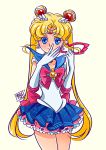  1girl bishoujo_senshi_sailor_moon blonde_hair blue_dress blue_eyes bow brooch cnove double_bun dress earrings elbow_gloves gloves hair_ornament hairpin highres jewelry long_hair magical_girl mask pleated_skirt ribbon sailor_moon skirt smile solo tiara tsukino_usagi twintails white_background white_gloves 