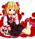  1girl ascot blonde_hair blood blood_on_face blood_on_fingers bloody_clothes blouse cnm finger_in_mouth frilled_skirt frills hair_ribbon looking_at_viewer red_eyes ribbon rumia short_hair skirt skull touhou vest 