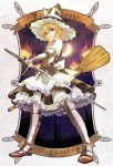  1girl adapted_costume armor armored_dress black_dress blonde_hair boots bow braid broom dress elaborate_frame frame grin hat hat_bow hichiko kirisame_marisa lantern looking_at_viewer metal_gloves moon night petticoat single_braid sky smile solo sword touhou weapon witch_hat yellow_eyes 