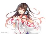  1girl akkijin brown_eyes brown_hair detached_sleeves headphones kokone_(vocaloid) long_hair mismatched_sleeves official_art scarf singing solo vocaloid 