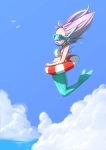  1girl bikini_top bird clouds goggles jumping long_hair mermaid monster_girl nukomasu pink_hair seagull sky snorkel solo swim_ring 