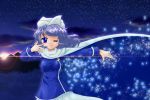  1girl blouse blue_eyes cape fujimiya_kikyou hat lens_flare letty_whiterock light_smile looking_at_viewer mountain outstretched_arm pin purple_hair raised_hand sky snowflakes solo star_(sky) starry_sky sunset touhou wink 