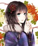  1girl black_hair blue_eyes bow braid chrysanthemum flower hair_bow hair_flower hair_ornament japanese_clothes kimono long_hair obi original smile solo steepled_fingers uri_(mid1125) 