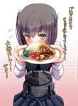  1girl blush brown_eyes brown_hair curry food giving headband headgear kantai_collection looking_at_viewer personification short_hair solo taihou_(kantai_collection) translation_request windfeathers 