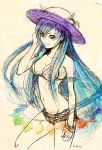  1girl adjusting_hair armband bikini blue_hair bracelet breasts cleavage cutoffs hat jewelry long_hair maco_(macoillust) navel ring_bottom short_shorts shorts sketch smile solo swimsuit touhou very_long_hair 