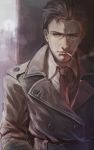  1boy brown_hair cigarette facial_hair metal_gear_solid_4 necktie senano-yu solid_snake solo stubble trench_coat 