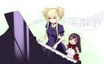  2girls aoki_hagane_no_arpeggio blonde_hair brown_eyes brown_hair choker highres instrument kongou_(aoki_hagane_no_arpeggio) lipstick makeup maya_(aoki_hagane_no_arpeggio) multiple_girls music open_mouth personification piano playing_piano red_eyes ribbon sparkle twintails ww90055 younger 
