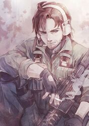  1boy beard brown_hair cigarette facial_hair fingerless_gloves gloves green_eyes gun highres metal_gear_solid_2 military military_uniform senano-yu solid_snake solo uniform weapon 