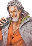  1boy alcohol beard bust drinking facial_hair glasses grey_eyes hip_flask lack male old_man one_piece scar scar_across_eye silvers_rayleigh smile solo white_hair 