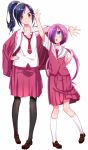  2girls arm_up black_hair blush brown_eyes character_request coat green_eyes hair_over_one_eye hato_haru long_hair motouchi_naruka multiple_girls open_mouth outstretched_arms purple_hair saki school_uniform short_hair side_ponytail spread_arms twintails vest 