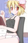  1girl blonde_hair chair cherry_blossoms curtains hair_ribbon kirino-souya looking_at_viewer midriff mouth_hold navel panties pink_panties red_eyes ribbon rumia sitting solo touhou towel towel_on_head underwear underwear_only 