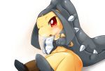  blush extra_mouth fangs heavy_breathing mawile navel no_humans open_mouth pokemon pokemon_(creature) pokemon_(game) red_eyes shirt simple_background sitting solo towel ukan_muri wink wiping_sweat 