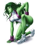  1girl breasts fingerless_gloves gloves green_eyes green_hair green_skin hand_on_thigh leotard long_hair loose_socks marvel nose one_knee she-hulk shimusu shoes sideboob sneakers socks solo taut_clothes 