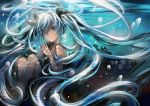  1girl blue_eyes blue_hair bubble hair_ribbon hands_together hatsune_miku long_hair ribbon smile underwater vocaloid weave7769 