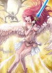  1girl angel angel_wings bare_shoulders breasts burunuu_(bullnukko) collar gloves green_eyes original red_hair redhead solo sword weapon wings 