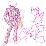  1boy absurdres chaps collage cross cross_necklace dark_skin fire hands highres k&#039; king_of_fighters monochrome open_clothes potion_(moudamepo) short_hair sunglasses white_hair 