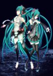  2girls absurdres anklet aqua_hair barefoot belt closed_eyes detached_sleeves dual_persona elbow_gloves fingerless_gloves gloves hatsune_miku highres jewelry long_hair miku_append multiple_girls navel necktie skirt thighhighs tk28 toeless_socks twintails very_long_hair vocaloid vocaloid_append zettai_ryouiki 