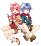  2boys androgynous animal_ears blue_eyes blue_hair bunny_tail coat male mittens multiple_boys nikke_(tk2012) original pink_eyes pink_hair rabbit_ears scarf shorts sweater tail trap 