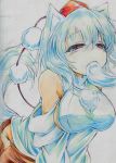  1girl animal_ears bare_shoulders blush breasts colored_pencil_(medium) detached_sleeves eating fang food hat highres inubashiri_momiji kitazinger large_breasts mochi red_eyes short_hair solo tail tokin_hat touhou traditional_media wagashi white_hair wolf_ears wolf_tail 