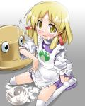  1girl apron blonde_hair dress food frog hat mess moriya_suwako solo source_request touhou yellow_eyes 