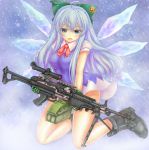  1girl ahoge alternate_hair_length alternate_hairstyle bare_legs bipod blue_eyes blue_hair blush boots bow breasts cirno em_s gloves green_gloves gun hair_bow highres ice ice_wings looking_at_viewer m249 machine_gun open_mouth scope short_sleeves solo touhou weapon wings 
