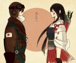  1boy 1girl akagi_(kantai_collection) arrow blood brown_hair crossover eien_no_zero gloves goggles jacket japan japanese_clothes japanese_flag kantai_collection long_hair makiya1013 miyabe_kyuuzou muneate personification pilot 