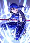  1boy blue_hair earrings fate/stay_night fate_(series) gae_bolg jewelry lancer long_hair magic_circle polearm ponytail red_eyes sexy44 solo spear squatting weapon 