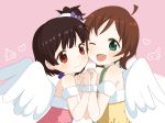  2girls ;d angel_wings armband bare_shoulders black_hair blush bow brown_eyes cheek-to-cheek choker hair_bow hair_ornament holding_hands idolmaster idolmaster_million_live! kinoshita_hinata light_smile muku-coffee multiple_girls nakatani_iku open_mouth short_hair smile wings wink wristband 