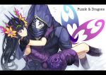 1boy 1girl badominton black_hair blush carrying copyright_name couple dress earrings flower formal gloves hades_(p&amp;d) hair_flower hair_ornament heart hood jewelry letterboxed mask necktie persephone_(p&amp;d) pointy_ears princess_carry puzzle_&amp;_dragons smile suit violet_eyes 