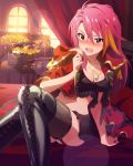  1girl artist_request blush boots breasts chain cleavage curtains epaulettes idolmaster idolmaster_million_live! jewelry long_hair maihama_ayumu midriff musical_note navel necklace official_art open_mouth pendant pink_eyes pink_hair thigh_boots thighhighs treasure treasure_chest window 