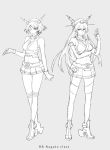  2girls bare_shoulders breasts elbow_gloves gloves hairband headgear highres kantai_collection kazunon lineart long_hair midriff monochrome multiple_girls mutsu_(kantai_collection) nagato_(kantai_collection) navel personification short_hair skirt thigh-highs 