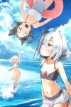  3girls animal_ears bare_shoulders beach bikini black_hair blue_eyes blush cat_ears clothed_navel clouds flat_chest highres innertube long_hair looking_at_viewer mound_of_venus multiple_girls ocean one-piece_swimsuit open_mouth original partially_submerged red_eyes revision short_hair silver_hair sky slit_pupils smile swimsuit upside-down water white_swimsuit yunar 
