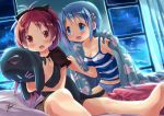  2girls blanket blue_eyes blue_hair blush brown_eyes curtains fang gleision_adain hair_ornament hair_ribbon hairclip long_hair mahou_shoujo_madoka_magica miki_sayaka multiple_girls navel no_pants panties ponytail redhead ribbon sakura_kyouko shirt_tug short_hair striped stuffed_toy tank_top underwear window yuri 