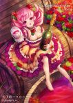  1girl absurdres alcohol barefoot bottle breasts cleavage cup dress hair_ornament highres legs long_hair looking_up original pink_eyes pink_hair solo twintails wine 