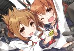  2girls album_cover blush brown_eyes brown_hair cover digital_media_player fang hair_ornament hairclip highres ikazuchi_(kantai_collection) inazuma_(kantai_collection) kantai_collection multiple_girls open_mouth personification school_uniform serafuku short_hair skirt smile wink yume_no_owari 