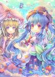  3girls alternate_hairstyle blonde_hair blue_eyes blue_hair bow cirno hair_bow hat hinanawi_tenshi ice ice_wings long_hair multiple_girls petals pjrmhm_coa purple_hair rainbow red_eyes touhou twintails umbrella very_long_hair wings yakumo_yukari 