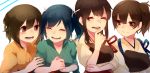  4girls akagi_(kantai_collection) black_hair blush breasts brown_eyes brown_hair hiryuu_(kantai_collection) japanese_clothes kaga_(kantai_collection) kantai_collection ky_(kurokky709) laughing long_hair long_sleeves multiple_girls muneate open_mouth personification ribbon short_hair side_ponytail skirt smile souryuu_(kantai_collection) twintails wide_sleeves 