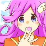  1girl artist_request blue_eyes covering_mouth hair_ornament hairclip hand_over_own_mouth heart pink_hair puyopuyo puyopuyo_fever raffine solo 