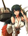  1girl bare_shoulders black_hair blush breasts detached_sleeves fusou_(kantai_collection) hair_ornament highres japanese_clothes kantai_collection large_breasts long_hair nontraditional_miko open_mouth pekoneko personification red_eyes skirt smile solo 
