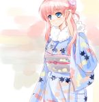  1girl blue_eyes hair_ornament hair_up haramura_nodoka japanese_clothes kimono piaroo pink_hair saki smile solo tagme 