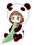  1girl amami_haruka animal_costume aqua_eyes brown_hair chibi eating hiboshi_daizu idolmaster panda panda_costume ribbon sitting solo 